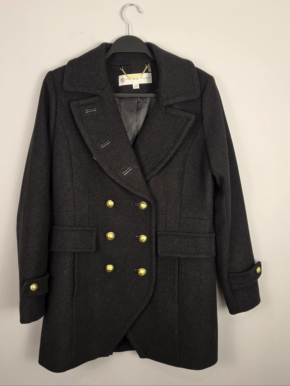 Trina Turk Women's Black Wool-Blend Double-Breasted Military Peacoat Size 10